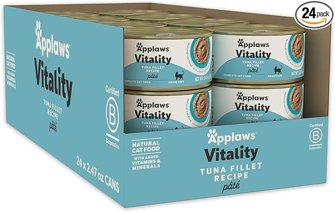 Applaws Vitality Wet Cat Food Paté, Natural Cat Food with Added Vitamins & Minerals, Grain-Free, Carrageenan Free, Tuna Fillet Recipe (24 Count, 2.47 oz Cans)