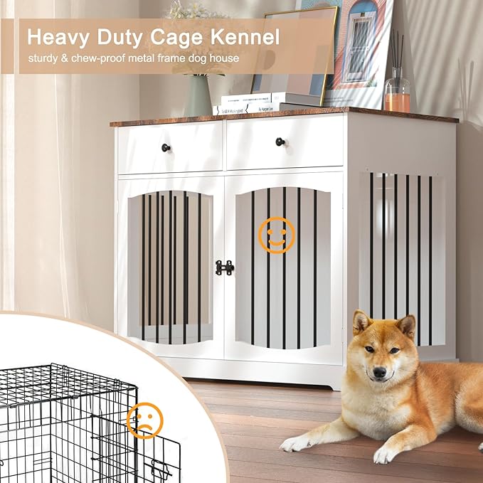 BREEZEHEAT Dog Crate Furniture with Drawers-Farmhouse Dog Kennel, White, 40 inch