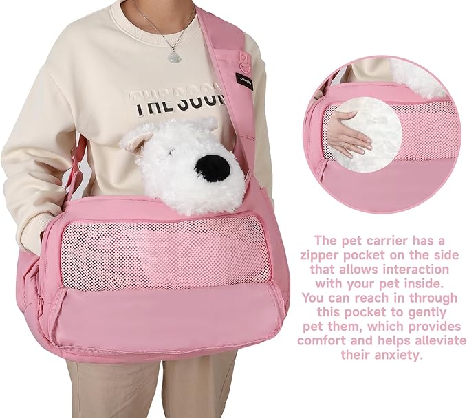 Dog Sling Carrier for Small Medium Dogs & Cats, Fits 7–18lbs, Soft Puffy Lightweight Pet Sling Carrier with Adjustable Padded Strap and Storage Pocket, Hands-Free for Travel, Hiking & Outdoor Pink