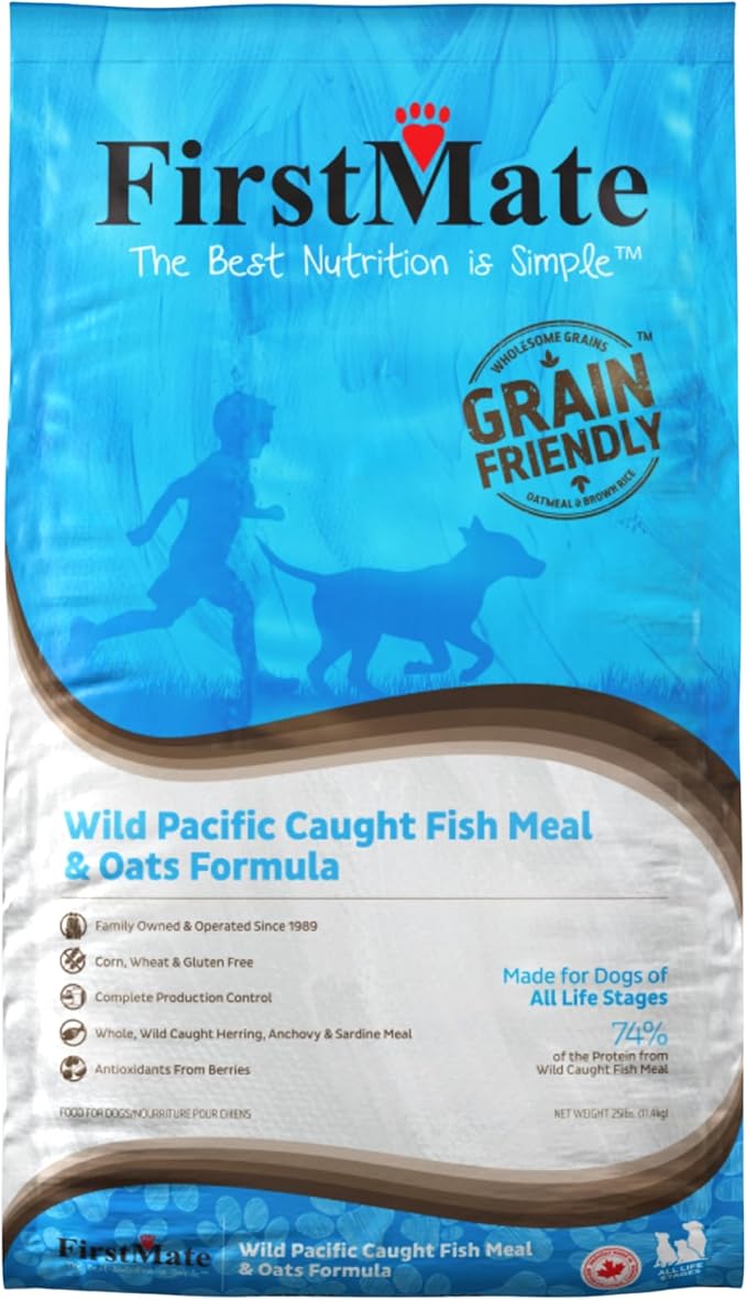 FirstMate Grain Friendly Dog Food Wild Pacific Fish & Oats Formula – Wild Caught Herring Anchovy & Sardine, Single Protein, Pea Free & Potato Free Dry Dog Food with Wholesome Grains – 25 lb Bag