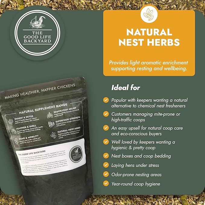 Hatching Time Good Life Backyard Natural Nest Herbs for Chickens – Herbal Nesting Box & Coop Bedding Blend for Freshness and Comfort (9 oz Resealable Pouch)