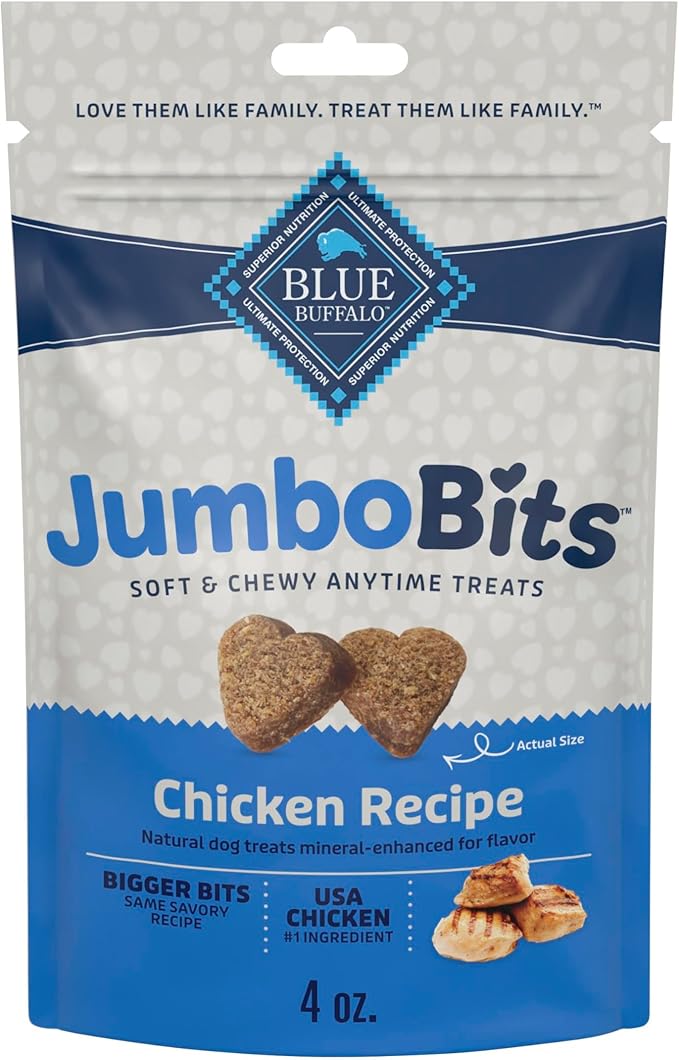 Blue Buffalo Jumbo Bits, Soft & Chewy Anytime Treats, Chicken Recipe, Natural Dog Treats Mineral Enhanced for Flavor, 4 oz. Bag