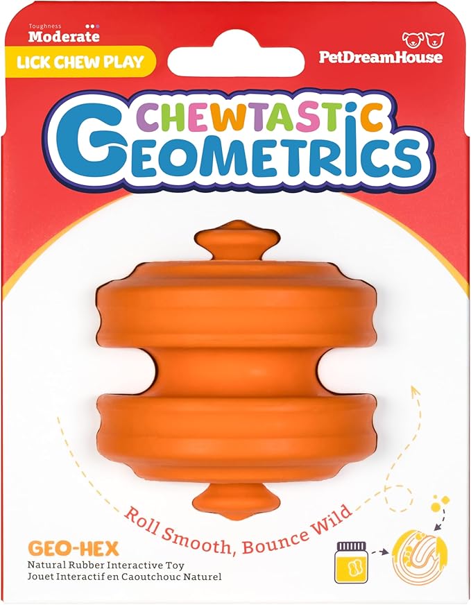 PetDreamHouse Chewtastic Geometrics Natural Rubber Enrichment Dog Toy Geo-Hex Orange, Engaging Rolling and Unpredictable Bounce, Fun to Lick, Play, Chew and Fetch