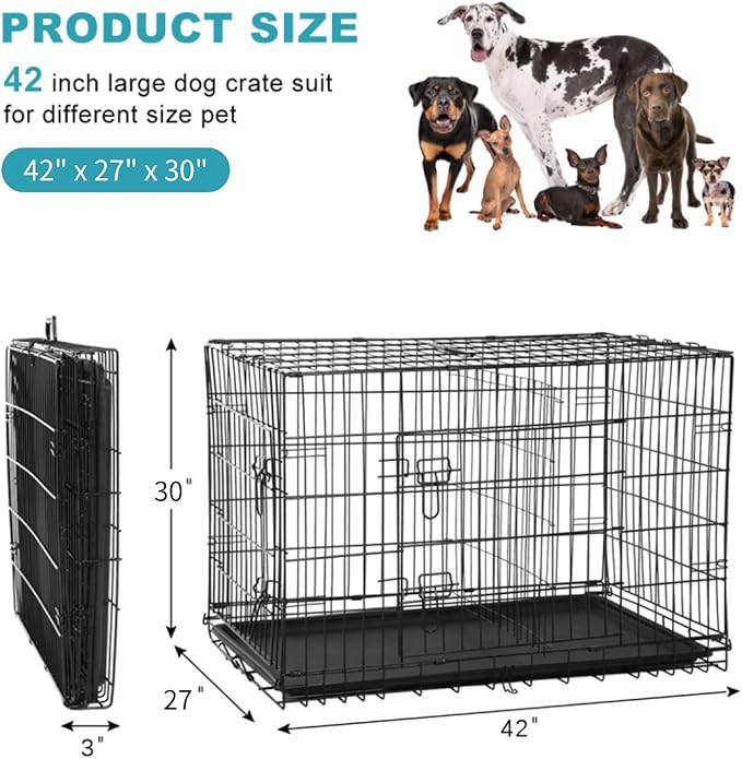 Large Double-Door Dog Crate Dog Cage Dog Kennel Metal Wire Folding Pet Animal Pet Cage With Handle Tray And Divider Keeps Pet Cool, Warm, Dry, Comfortable, Metal Welded Dog Kennel Metal Wire Cage, 42"