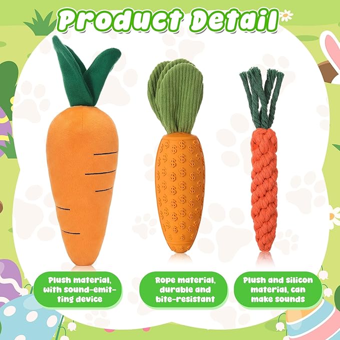 3pcs Easter Carrot Dog Toys Set, Includes Rope, Rubber, Plush Dog Chew Toys for Dogs, Cats, and Pets, for Training and Interactive