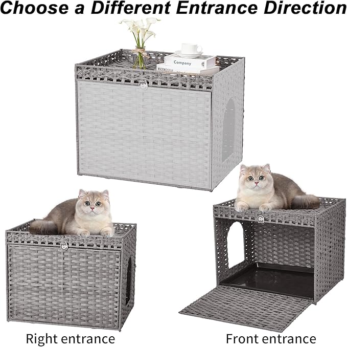 PeakPursuit Rattan Litter Box Enclosure Hidden Cat Furniture with Removable Litter Mat, Natural Cat House End Table, Easy Assembly, 27.5" l x 20.5" w x 22" h Grey