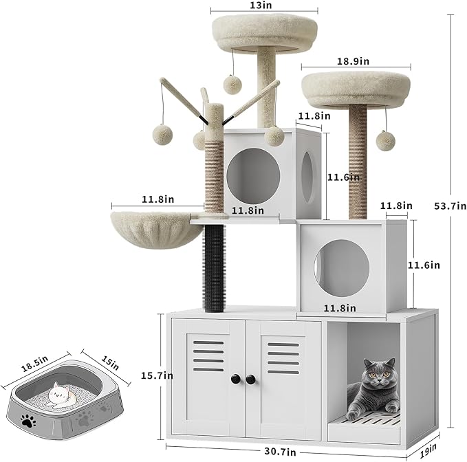 Multi-Level Wooden Cat Tree Tower with Hidden Litter Box Enclosure & Condo, Sisal Scratching Posts, Soft Perch & Toys, Modern Cat Furniture for Indoor Cats, White Box & White Trees