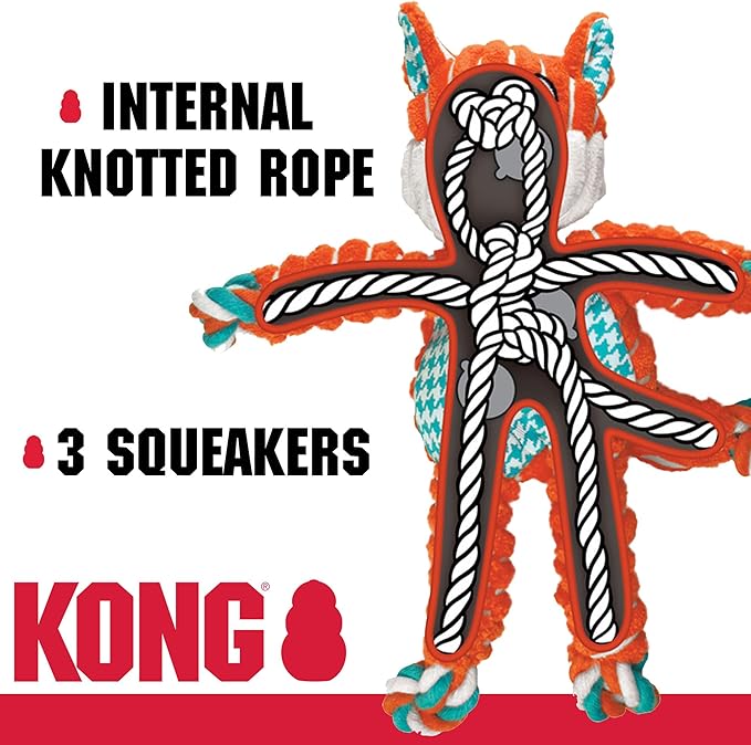 KONG Floppy Knots Combo Dog Toy - Fox and Bunny Bundle - Interal Knotted Rope with Squeakers and Less Stuffing - Medium/Large