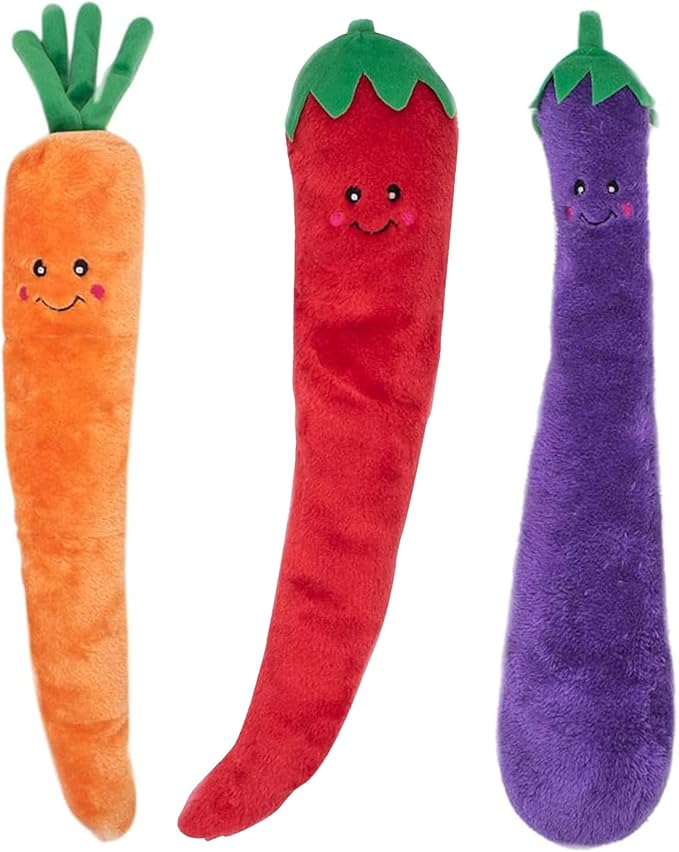 ZippyPaws Jigglerz - Dog Squeaky Toys to Keep Them Busy, Funny Food Plush for Small, Medium, & Large Dogs, Cute Stuffed Puppy Toy, Pet Products, Gift for All Breeds - Eggplant, Pepper, & Carrot