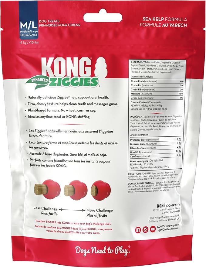 KONG Classic Toy & Enhanced Ziggies Treats Combo Pack - Durable Chew Toy for Dogs - with Enhanced Ziggies Treats - Dog Accessories for Fun & Health - for Medium Dogs