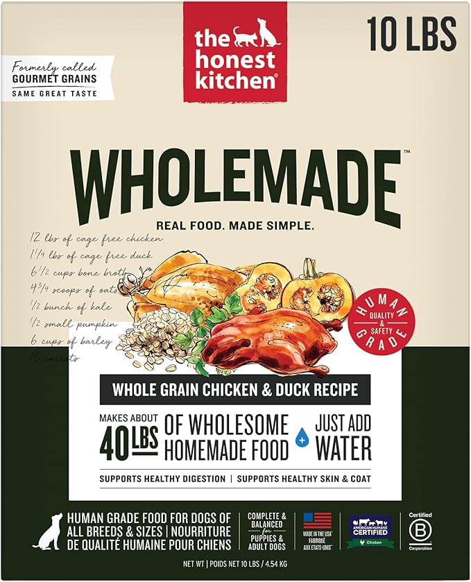 The Honest Kitchen Human Grade Wholemade™ Dehydrated Dog Food, Whole Grain Dog Food, Chicken & Duck, 10 lb (makes 40lbs)