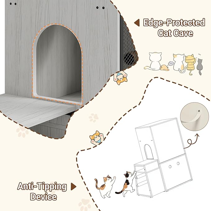 GarveeLife Cat Litter Box Enclosure with Doors, Double Cat House with Storage Space, Enclosed Litter Box Furniture with Ladder, Retro White