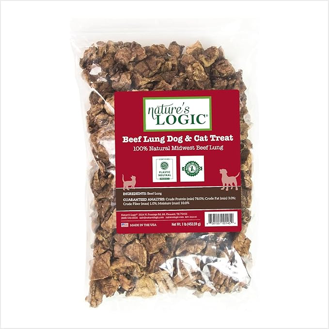 NATURE'S LOGIC Beef Lung Dog & Cat Treats - 100% Natural Midwest USDA Beef Source - Roasted Treats for Dogs and Cats - No Synthetics - 78% Protein - Beef Lung Treat, 1lb