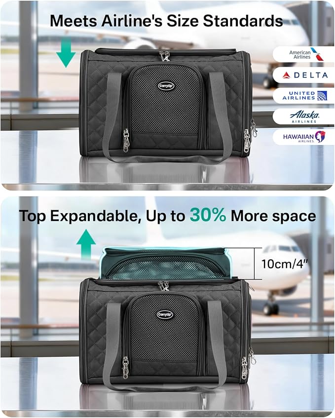 Cat Carrier Airline Approved 17x11x9.5 Inches, Top Expandable Soft Sided Pet Travel Carrier for Cats & Small Dogs, Fits Under Airline Seat with Locking Zippers, Black