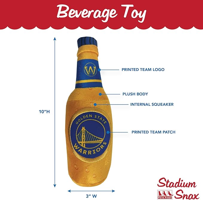 NBA Golden State Warriors Beer Bottle Plush Dog & CAT Squeak Toy - Cutest Stadium SODA Bottle Snack Plush Toy for Dogs & Cats with Inner Squeaker & Beautiful Basketball Team Name/Logo