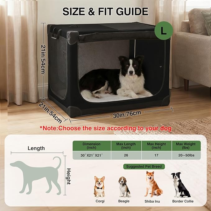30 x 21 x 21 Inch Collapsible Soft Dog Crate for Dogs Up to 50 lbs, Portable Travel Pet Kennel with 4 Zip Doors, Foldable Indoor Outdoor Crate with Mat, Carry Bag, Black