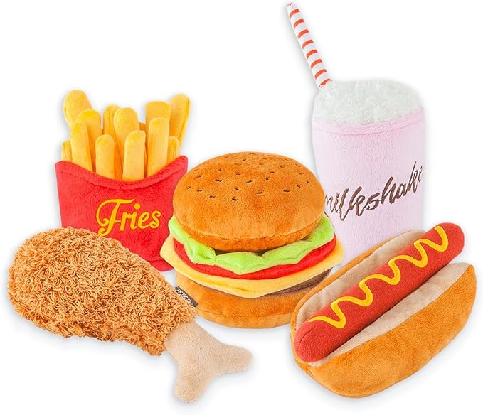 P.L.A.Y. PET LIFESTYLE AND YOU Cute Plush Dog Toys - Fast Food Themed Durable Squeaker Chew Toys for Medium & Large Dogs - Machine Washable, Recycled Materials (5 Piece Set, Medium)