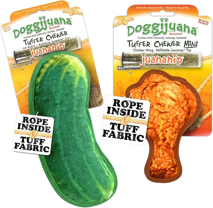 Doggijuana Cafe Combo Refillable Juananip Toy Bundle | Dill Pickle & Chicken Wing | Funny Dog Toy Plush with Catnip and Refill | Interactive Chew for Play
