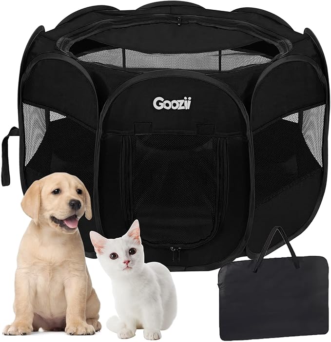 GOOZII Puppy Playpen Indoor for Small Dogs, Portalble Pet Dog Play Pens Kennel Crate with Top Cover Floor Door Enclosed for Large Cats Animal as Dog Lovers (Black, Medium Size)