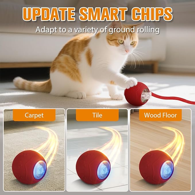 Interactive Cat Toys for Indoor,Automatic Moving Electric Rolling Pet Ball,Smart Teasing Toy for Kitty,3 Modes and USB Rechargeable,Tail 2.0 Cat Feather Toy Red