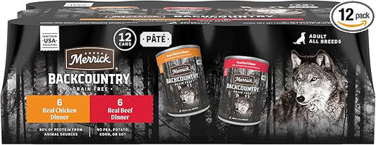 Merrick Backcountry Grain Free Premium Canned Dog Food, Variety Pack, Real Beef and Chicken Dinner Recipes - (Pack of 12) 9.5 lb. Cans