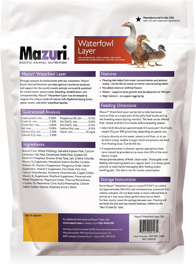 Mazuri Waterfowl Layer Food for Ducks & Geese | 5 Pound (5 LB) Bag