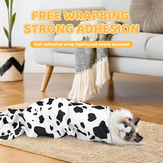 21.7" Cat Grooming Wrap for Cutting Nails, Cow Pattern Self-Adherent Fabric Wrap for Cats, Anti-Scratch Anti-Escape Multifunctional Cat Swaddle Tool for Teeth Brushing, Ear Cleaning