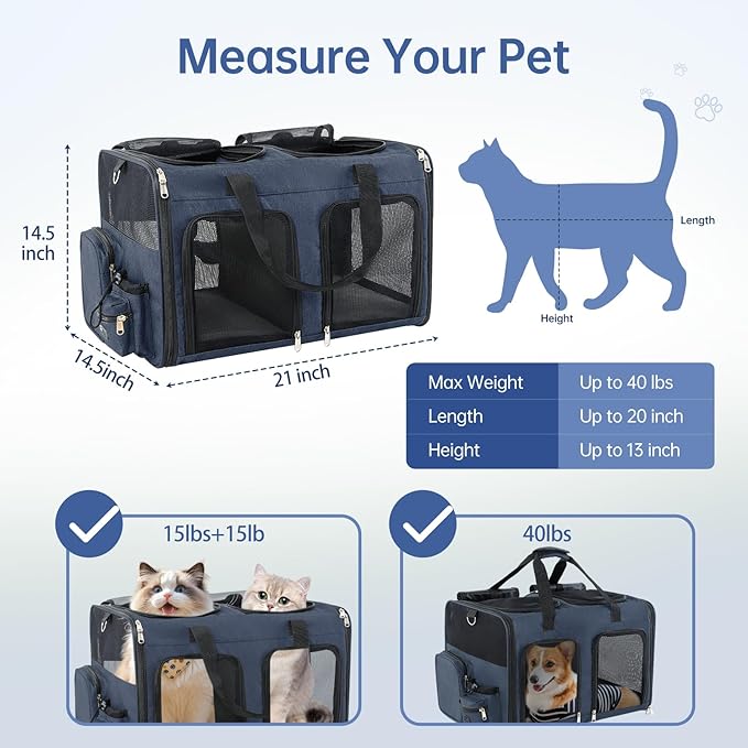 Cat Carrier for 2 Cats - Double Pet Carrier Extra Large, Dual Cabin Multi Cat Travel Carrier with Removable Divider, Collapsible, Can Hold 20 30 40 lbs for Two Small Kitten, Medium Dog Blue