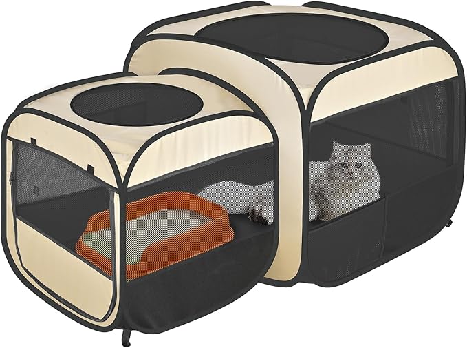 EighteenTek® 2-in-1 Portable Cat Playpen(End Doors), Pop up Kitten Playpen, Assembly-Free, Pet Tent Crates Kennel Cage Enclosure for Dog Puppy Indoor Outdoor(Beige)(No Divider, Unified Space)