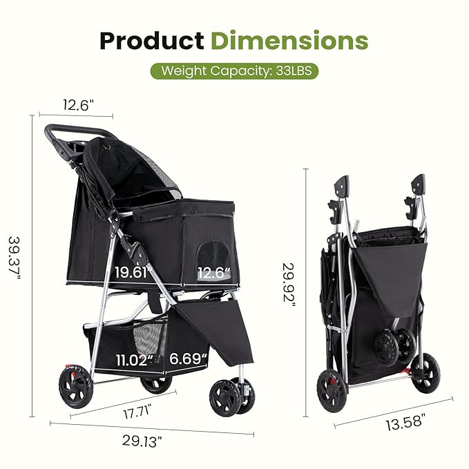 Smug 3 Wheels Pet Stroller, Dog and Cat Strollers, Storage Basket and Cup Holder, Breathable Mesh, Lightweight Travel Carrier, Waterproof and Foldable for Small Pets Outdoor Walk, Black