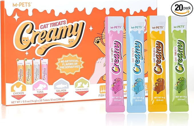 M-PETS Creamy Lickable Cat Treats – 4 Flavor Variety Pack, 20 Tubes of Healthy Squeeze Up Snacks with Functional Nutrients for Hydration, Skin & Coat, and Digestive Health – Grain Free, High Protein