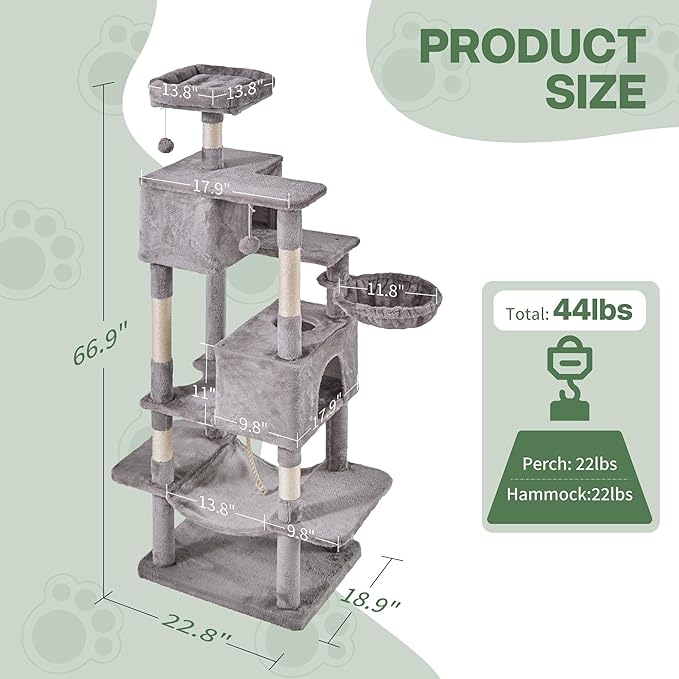 Cat Tree for Indoor Cats, 66 Inches Cat Tower with Scratching Post, Multi-Level Climbing Tree Cat House Padded Plush Perch, Cat Condo Activity Center with Pompoms, Kittens Pet Play House, Beige
