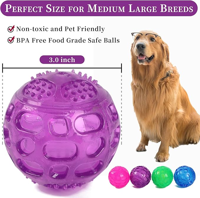 3'' Squeaky Dog Toy Balls for Lagre Medium Breed, Indestructible Dog Balls for Playing, Fetching & Retrieving, Durable Aggressive Chewers, 2 PCS Red+Purple