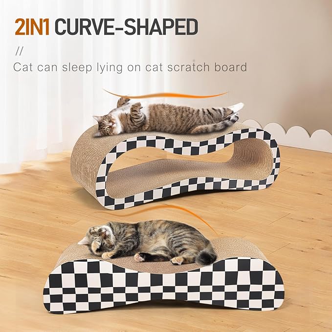 2 in 1 Cat Scratcher for Indoor Cats, Large Cardboard Cat Scratcher Lounger, 100% Recyclable&Reversible Horizontal Scratching Pads Prevents Furniture Damage,Checkerboard