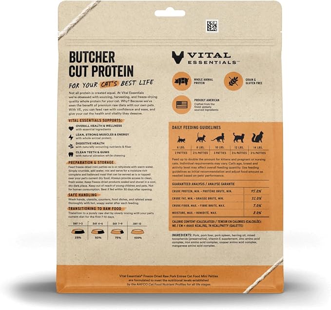 Vital Essentials Freeze Dried Cat Food, Raw Pork Mini Patties | Complete Meal or Topper | Easy to Portion and Rehydrate | High Protein, Grain Free Dry Cat Food | 8 oz Bag
