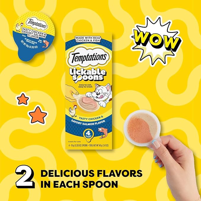 Temptations Lickable Spoons Adult Wet Cat Treat, Tasty Chicken and Savory Salmon Flavor, 10 Grams, Pack of 24 (96 Total Spoons)