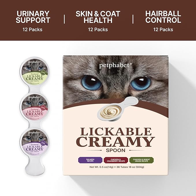 PETPHABET Lickable Cat Treats Spoon, 36 Count Creamy Puree Kitten Treats Variety Pack, Functional Wet Paste Cat Snacks for Skin & Coat Support, Hairball Relief, Urinary Health, Grain-Free Kitty Treat