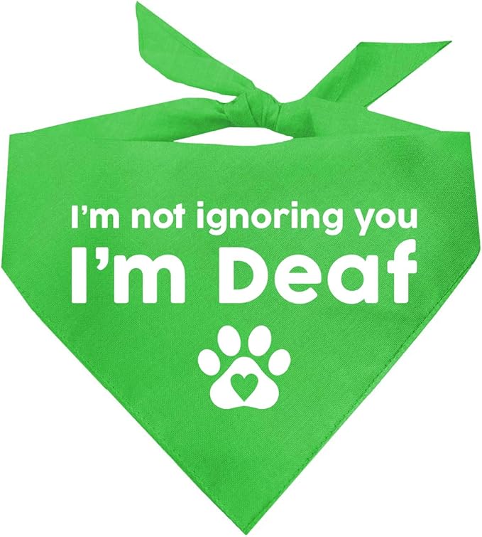 I'm Not Ignoring You I'm Deaf Dog Bandana | 100% Adjustable Cotton Triangle | Made in USA | Deaf | Impaired | Hearing Loss Accessory | Warning (Lime Green, OS 351)