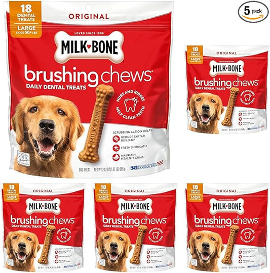 Milk-Bone Brushing Chews Original Chicken Flavor Daily Dental Dog Treats, Large, 24.2 Oz. Bag 18 Count (Pack of 5)