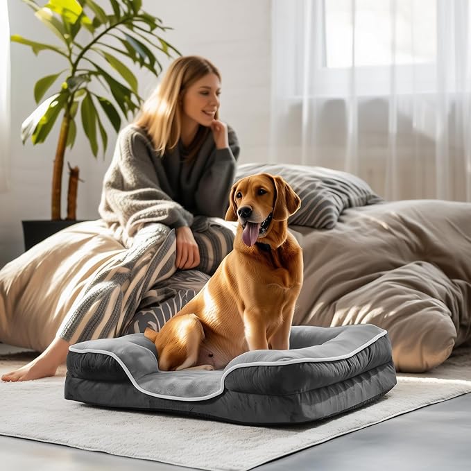 DUMOS Orthopedic Dog Beds for XL Large Sized Dogs, 42x32 in Machine Washable Cover Pet Bed, Anti-Slip Waterproof Memory Foam Couch Bed for Indoor Dogs and Cats, Grey