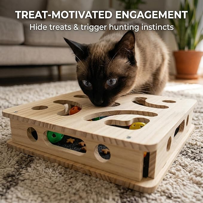 EIODEAR Cat Nail File Scratcher with 3 Sandpaper Pads, 4 Bell Balls, 8 Screw, Solid Wood Cat Scratch Puzzle Enrichment Box Nail Filer Box Toy to File Nails, Cat Treat Box for Treat-Motivated Cats