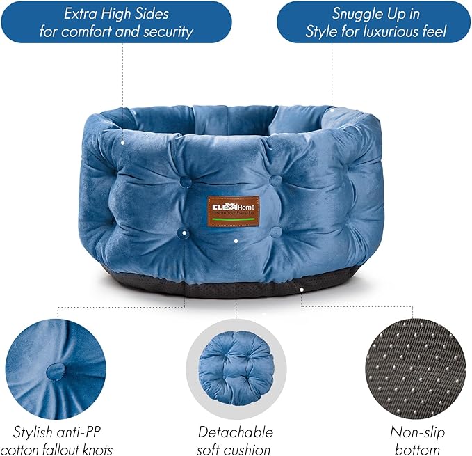 ClevaHome Deep Nest Cat Beds for Indoor Cats, Washable Round Cat Bed, Cute Kitten Bed with Anti-Slip Bottom for Kitty and Puppy, 20inches, Steel Blue