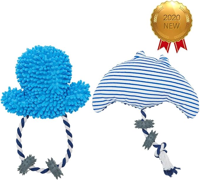 Blueberry Pet Pack of 2 Durable Interactive Squeaky Plush Tugging Rubber Dog Chew Toys Rope Toy for Puppies & Small Dogs, 13 2/5" Manta Ray + 12 3/5" Jellyfish