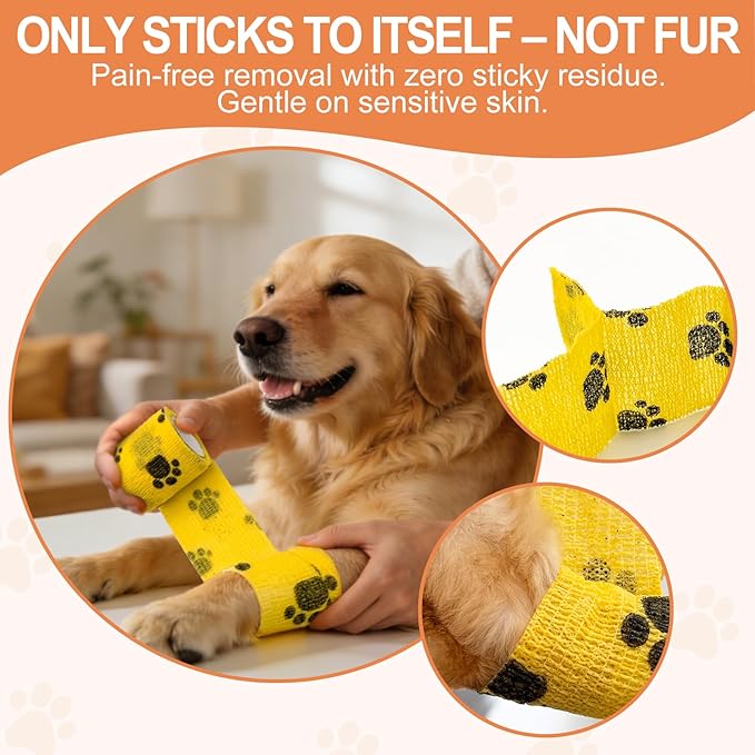 6 Rolls Vet Wrap Cohesive Bandage, Self Adhesive Non-Woven Pet First Aid Tape for Dogs, Cats, Horses, Wound Care, Sticks Only to Itself, Safe & Comfortable, 2 Inch x 5 Yards