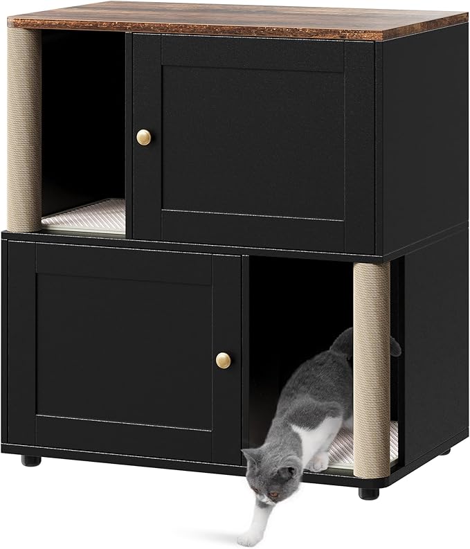 Cat Litter Box Enclosure for 2 Cats, Hidden Litter Box Furniture with Scratch Post and Double-Layer Litter Mats,Farmhouse Wooden Cat House Washroom or Bed, Black