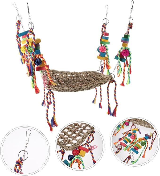 Abaodam Multifunctional Squirrel Parrot Net Hammock Natural Grass Climbing Mat for Hamsters Birds Pets Chew Decorative Bird Cage Accessory Promotes Comfort