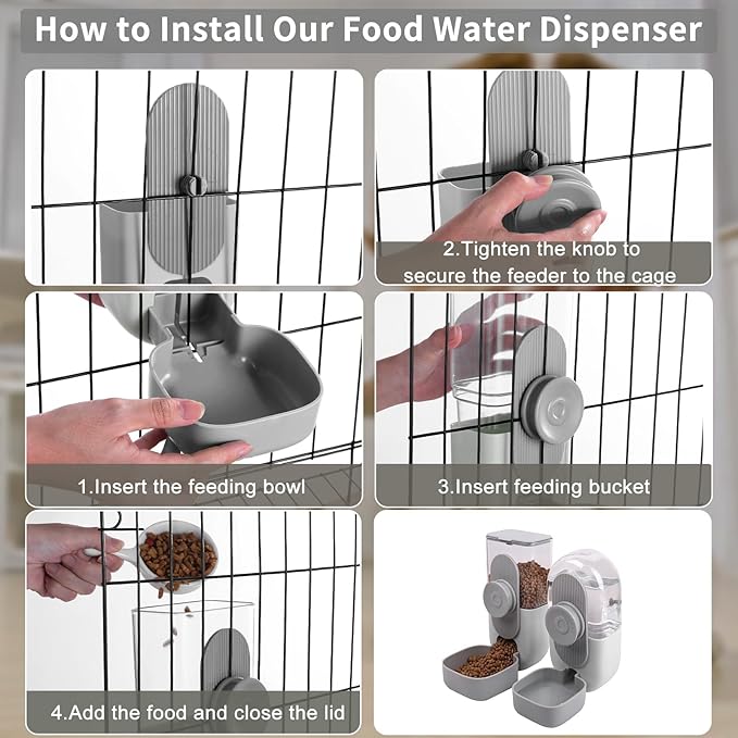 Lemtrflo Hanging Automatic Rabbit Feeder for Cage,Dog Cat Food and Water Dispenser,Rabbit Water Bottle Guinea Pig Food Bowl Set,Gravity Feeder for Cats Dogs (Gray)