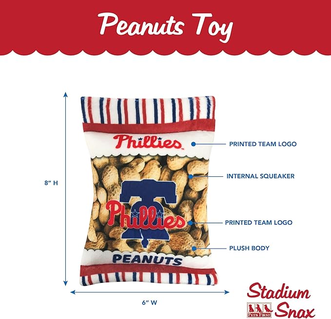 MLB Philadelphia Phillies Plush Peanuts Snack Toy for Dogs & Cats with Embroidered Team Name & Logo with Inner Squeaker