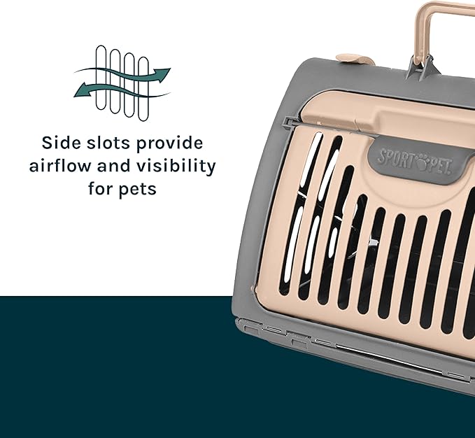 SportPet Designs Foldable Travel Cat Carrier - Front Door Plastic Collapsible Carrier, Gray and Tan, Medium (Pack of 1)