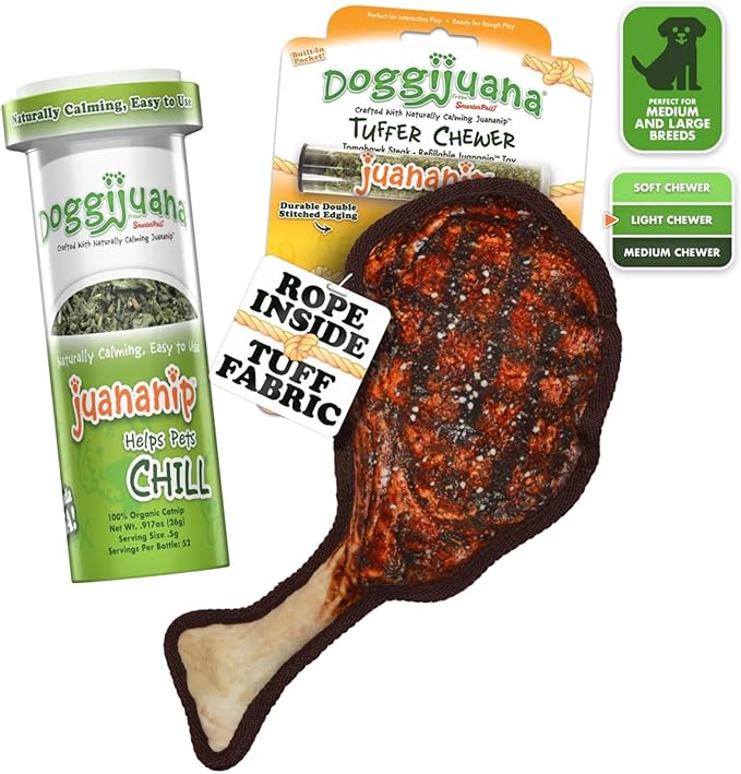 Doggijuana Doggi Duo Refillable Juananip Toy Bundle | Tomahawk & Juananip | Funny Dog Toy Plush with Catnip and Refill | Interactive Chew for Play